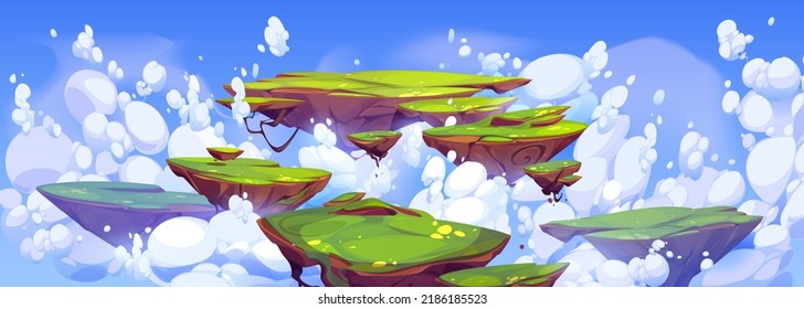 Green rocky island flying in heavenly blue sky cartoon illustration. Colorful vector image of paradise land floating in fluffy white clouds. Fantasy summer landscape on ground pieces hanging in air