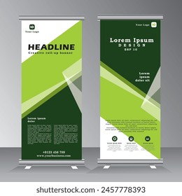 Green Roll up banner stand template, advertisement, flyer design, vertical banner design, pull up, stand banner with green print ready colour, vector illustration