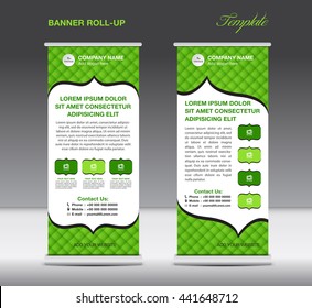 Green Roll up banner stand template vintage artwork vector illustration, advertisement, display, flyer