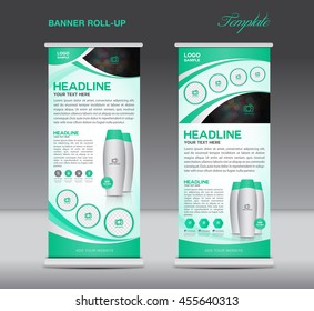 Green Roll up banner stand template  flyer design, display, poster cosmetics template