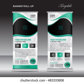 Green roll up banner stand template, stand design,banner design, pull up,  flyer template, advertisement, polygon background, display layout