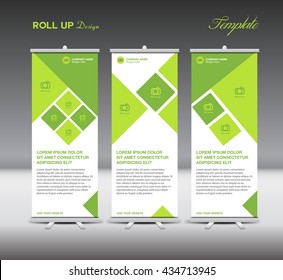 Green Roll Up Banner template display advertisement vector illustration, flyer design