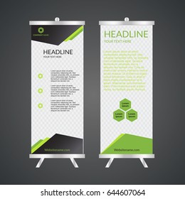 Green Roll Up Banner template and info graphics, stand design, advertisement, display, business flyer, vector illustration