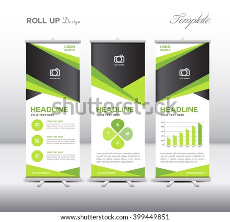 Green Roll Up Banner template and info graphics, stand design, advertisement, display, business flyer, vector illustration
