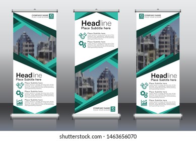 Green Roll Up Banner template vector illustration, polygon background, stand layout, flyer design, display