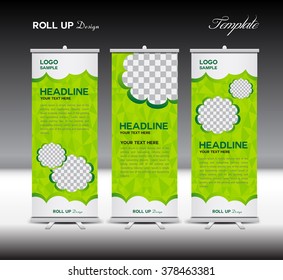 Green Roll Up Banner template vector illustration, polygon background, stand layout, advertisement, display, flyer design