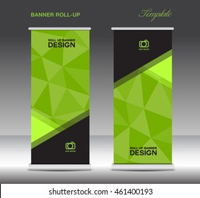 Green Roll Up Banner template vector, stand layout, display, advertisement, flyer design, polygon background
