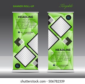 Green Roll Up Banner template vector illustration, standy design, display, x-stand, flag-banner, pull up, banner template, polygon background