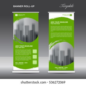 Green Roll up banner template vector, flyer, advertisement, x-banner, poster, pull up design