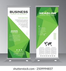 Green Roll up diseño de Plantilla de Vertical de Anuncio para eventos, bienvenida, negocios, empresas, conferencias, infografías. Vertival Anuncio, tire hacia arriba, moderno x-Anuncio para la publicidad, Imprimir color listo. Vector