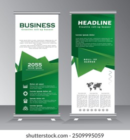 Green Roll up banner vertical template design for event, welcome, business, company, conferance, infographics. Vertival banner, pull up,modern x-banner for advertising, Print ready color. vector