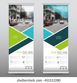 Green roll up business banner design vertical template vector, advertising presentation abstract geometric background, modern publication display and flag-banner, layout in rectangle size.