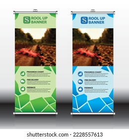 Green roll up business brochure flyer banner design vertical template vector, cover presentation abstract geometric background, modern publication x-banner and flag-banner, layout in rectangle size .