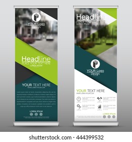 Green roll up business brochure flyer banner design template vector, leaflet cover presentation abstract geometric background, modern publication x-banner and flag-banner, layout in rectangle size.