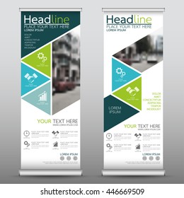 Green roll up business brochure flyer banner design vertical template vector, cover presentation abstract geometric background, modern publication x-banner and flag-banner, layout in rectangle size.