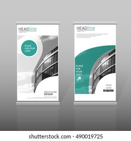 Green roll up, brochure template. Vertical banner design. Presentation template roll up, corporate identity roll up. Vector roll up business concept. Abstract roll up design. Vertical roll up template