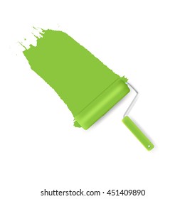 Green Roller Brush Painting on Wall. vector illustration