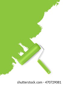 Green Roller Brush Painting on Wall. vector illustration