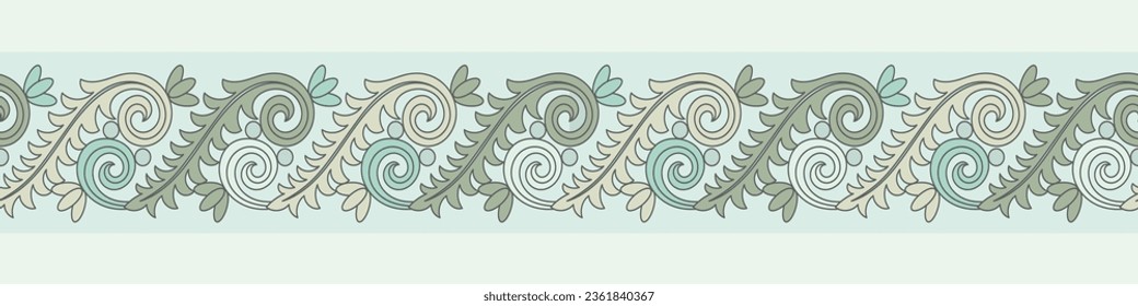 Green rolling flower border, seamless, fabric decorative border. Shirt collar. Carpet