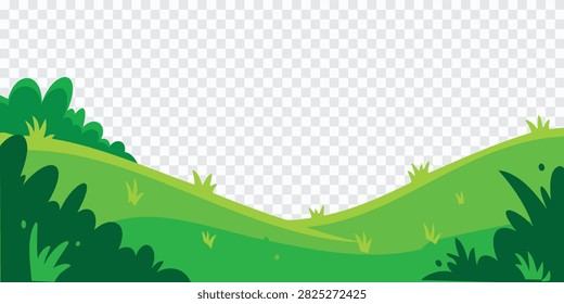 Green rolling hill landscape vector with layered grassy slopes, leafy bushes, and small grass details along the foreground, isolated on a transparent background for nature scenes, web banners, game assets, posters, and outdoor designs.