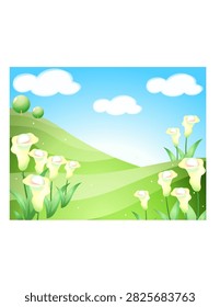 Green rolling hills with calla lilies under a blue sky with white clouds.