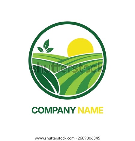 Green rolling hills farm landscape with sun and leaves logo