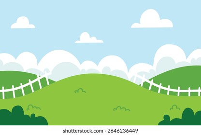 Green Rolling Landscape Under A Blue Sky With Clouds.