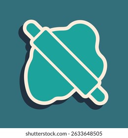 Green Rolling pin on dough icon isolated on green background. Long shadow style. Vector