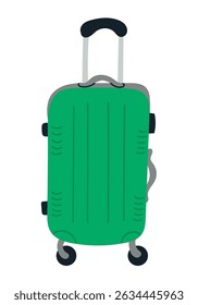Green rolling suitcase with extended handle in simple flat style illustration. Travel and mobility concept representing vacation, journey or airport transport