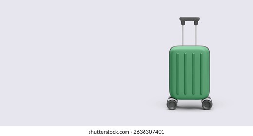 Green Rolling Suitcase With Telescopic Handle On Light Background, Minimalist 3D Style Symbolizing Modern Travel, Mobility, And Vacation Preparation. Clean Design Element. Vector Illustration.