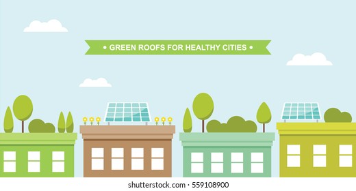 Green roofs with solar panels flat vector banner