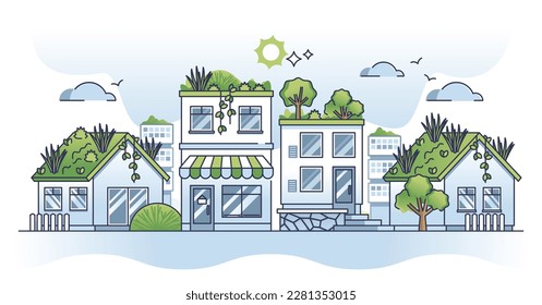 Green roofs for sustainable homes with rooftop gardening outline concept. Real estate neighborhood with ecological lifestyle design and houses with foliage vector illustration. Urban scene with lush.