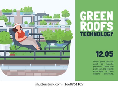 Green Roofs Technology Banner Flat Vector Template. Brochure, Poster Concept Design With Cartoon Characters. Urban Gardening, Buildings Landscaping Horizontal Flyer, Leaflet With Place For Text