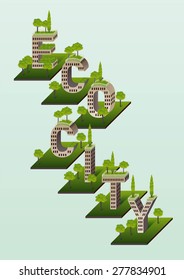 green roofs in the top of letters as city buildings