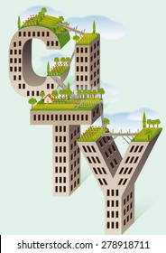 green roofs, with urban farming, in the top of letters as city buildings