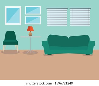 Green room interior of the living room. Vector banner.