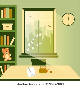 green room with table and toy, window with spring landscape