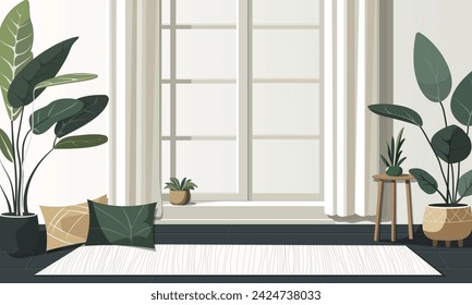 A green room vector illustration in flat style of a living room for yoga and meditation, with plants, windows, and a blanket.