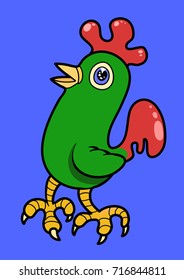 A green rooster in cartoon style. Vector illustration