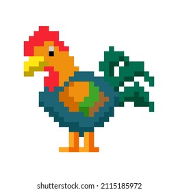 Green Rooster in pixel. illustration Rooster in pixel art