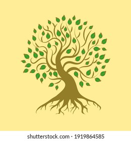 Green Root Tree with Leaves. Vector outline illustration