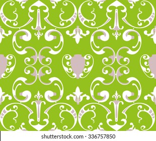 Green and rose baroque pattern with volutes and vase , seamless vector design