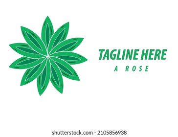 A green rose logo on the left, the tagline, and the word “Rose” on the right . 