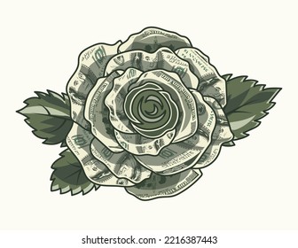 Una rosa verde hecha de billetes de 100 dólares con hojas. Vista desde arriba. Ilustración vectorial creativa en estilo vintage.
