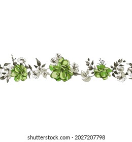 Green Roses Vector Repeat Seamless Horizontal Pattern Border. Use it for fabric, packaging, wallpaper, or invitations.