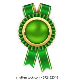 Green rosette, badge with gold border and ribbon on white background