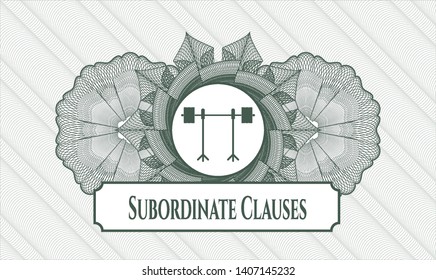 Green rosette. Linear Illustration. with barbell on rack icon and Subordinate Clauses text inside