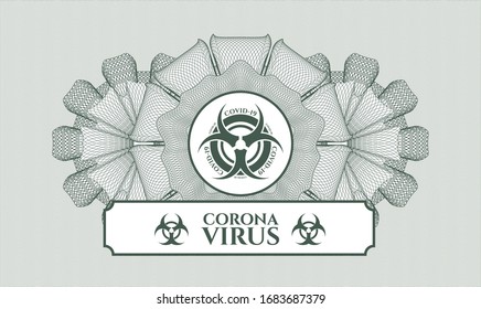 Green rosette. Linear Illustration. with biohazard covid-19 icon and Coronavirus text inside