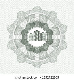 Green rosette. Linear Illustration with buildings icon inside