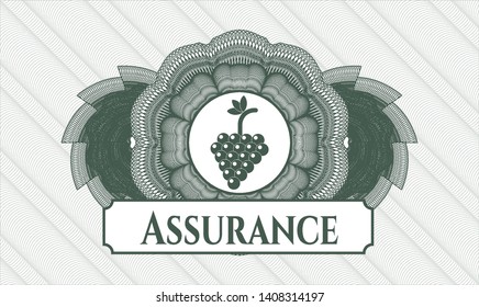 Green rosette. Linear Illustration. with bunch of grapes icon and Assurance text inside